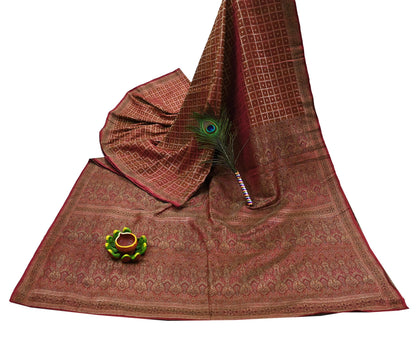 Indian Vintage Sari Maroon Heavy Wedding Pure Satin Silk Woven Banarasi Tanchoi Saree 5Yd Ethnic Craft Fabric Upcycle Bridal Heavy Sarees
