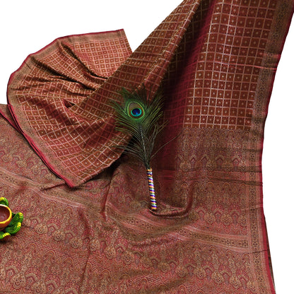 Indian Vintage Sari Maroon Heavy Wedding Pure Satin Silk Woven Banarasi Tanchoi Saree 5Yd Ethnic Craft Fabric Upcycle Bridal Heavy Sarees