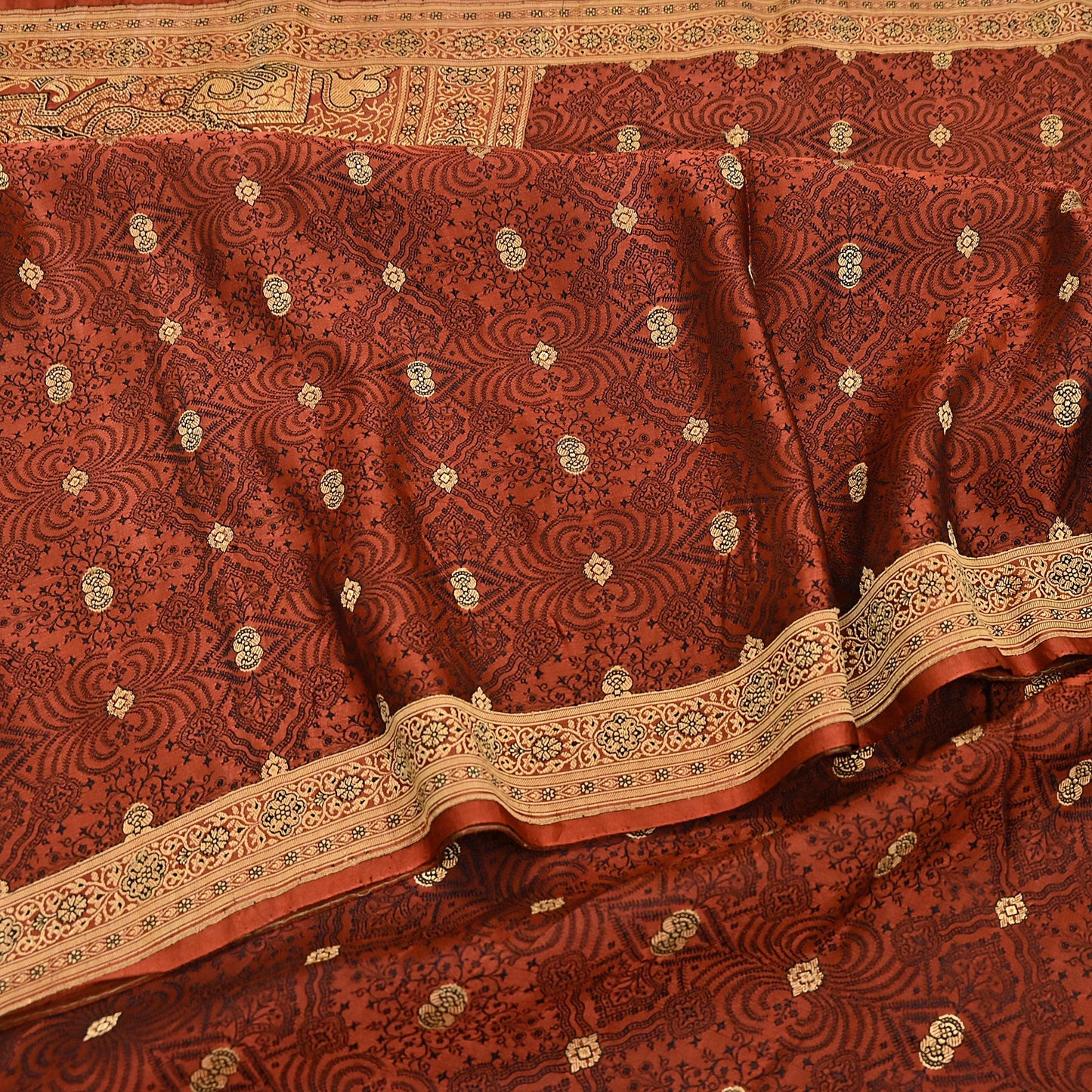 Vintage Orange Banarasi Silk Saree Pure Satin Silk Handwoven Tanchoi Fabric with Floral Weave 5 Yard Dressmaking Craft Material