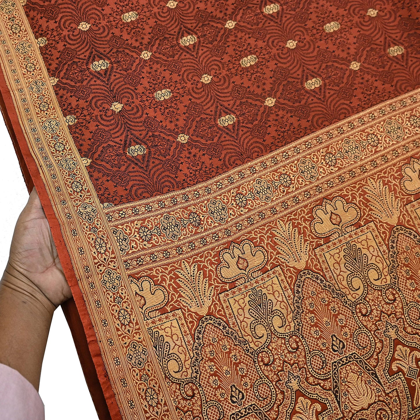 Vintage Orange Banarasi Silk Saree Pure Satin Silk Handwoven Tanchoi Fabric with Floral Weave 5 Yard Dressmaking Craft Material