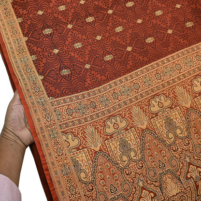 Vintage Orange Banarasi Silk Saree Pure Satin Silk Handwoven Tanchoi Fabric with Floral Weave 5 Yard Dressmaking Craft Material