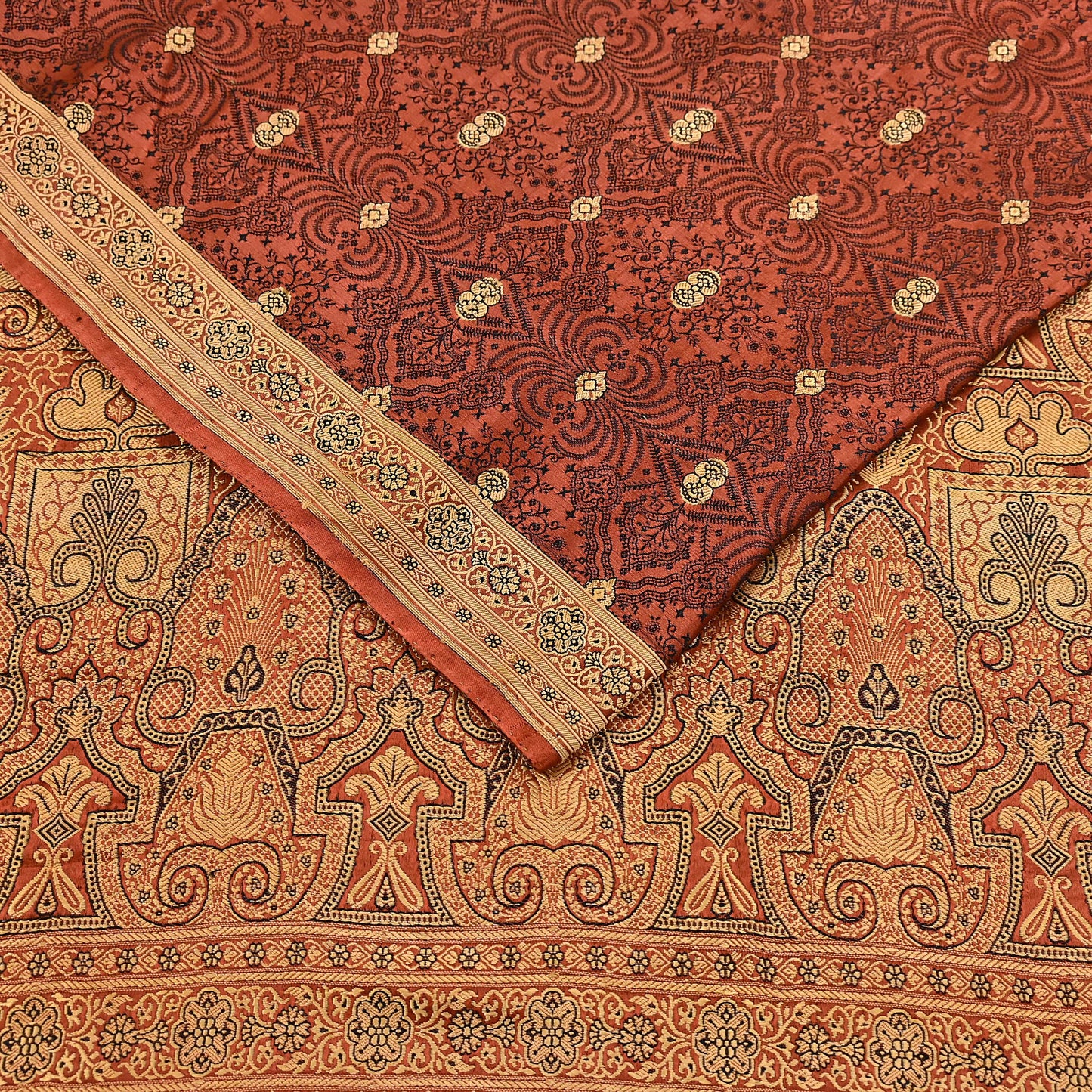 Vintage Orange Banarasi Silk Saree Pure Satin Silk Handwoven Tanchoi Fabric with Floral Weave 5 Yard Dressmaking Craft Material
