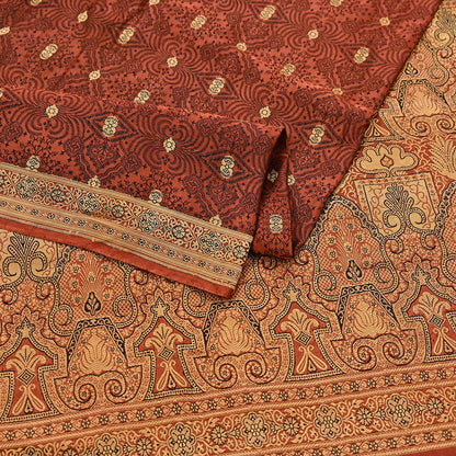 Vintage Orange Banarasi Silk Saree Pure Satin Silk Handwoven Tanchoi Fabric with Floral Weave 5 Yard Dressmaking Craft Material