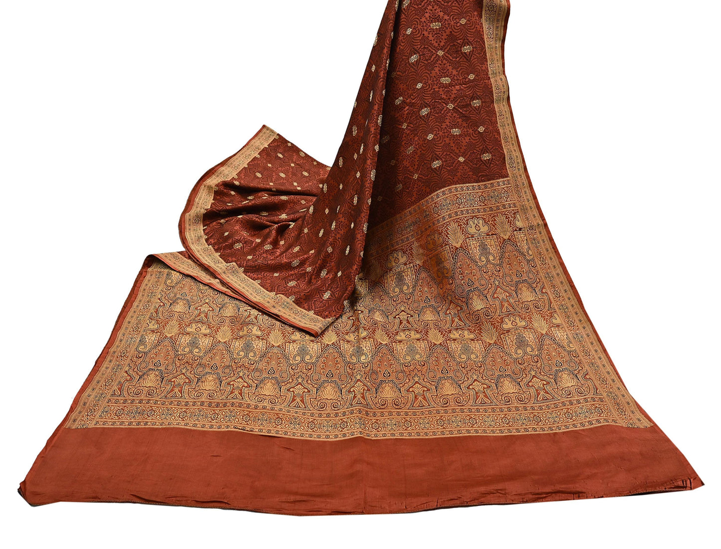 Vintage Orange Banarasi Silk Saree Pure Satin Silk Handwoven Tanchoi Fabric with Floral Weave 5 Yard Dressmaking Craft Material