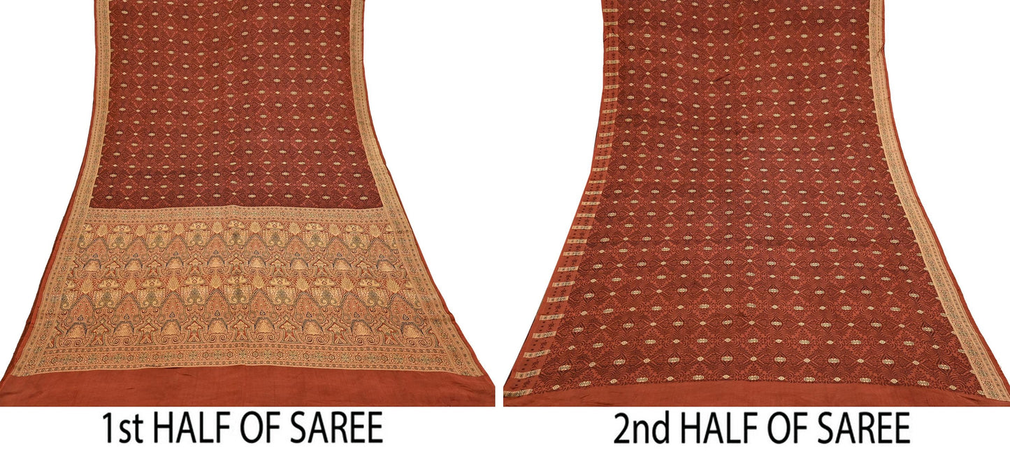 Vintage Orange Banarasi Silk Saree Pure Satin Silk Handwoven Tanchoi Fabric with Floral Weave 5 Yard Dressmaking Craft Material