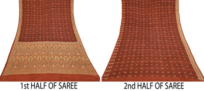 Vintage Orange Banarasi Silk Saree Pure Satin Silk Handwoven Tanchoi Fabric with Floral Weave 5 Yard Dressmaking Craft Material