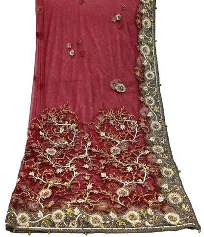 Vintage Bridal Heavy Maroon Net Dupatta Hand Embroidered Zardozi, Dabka, Zari, Sequins Work Wedding Veil Stole