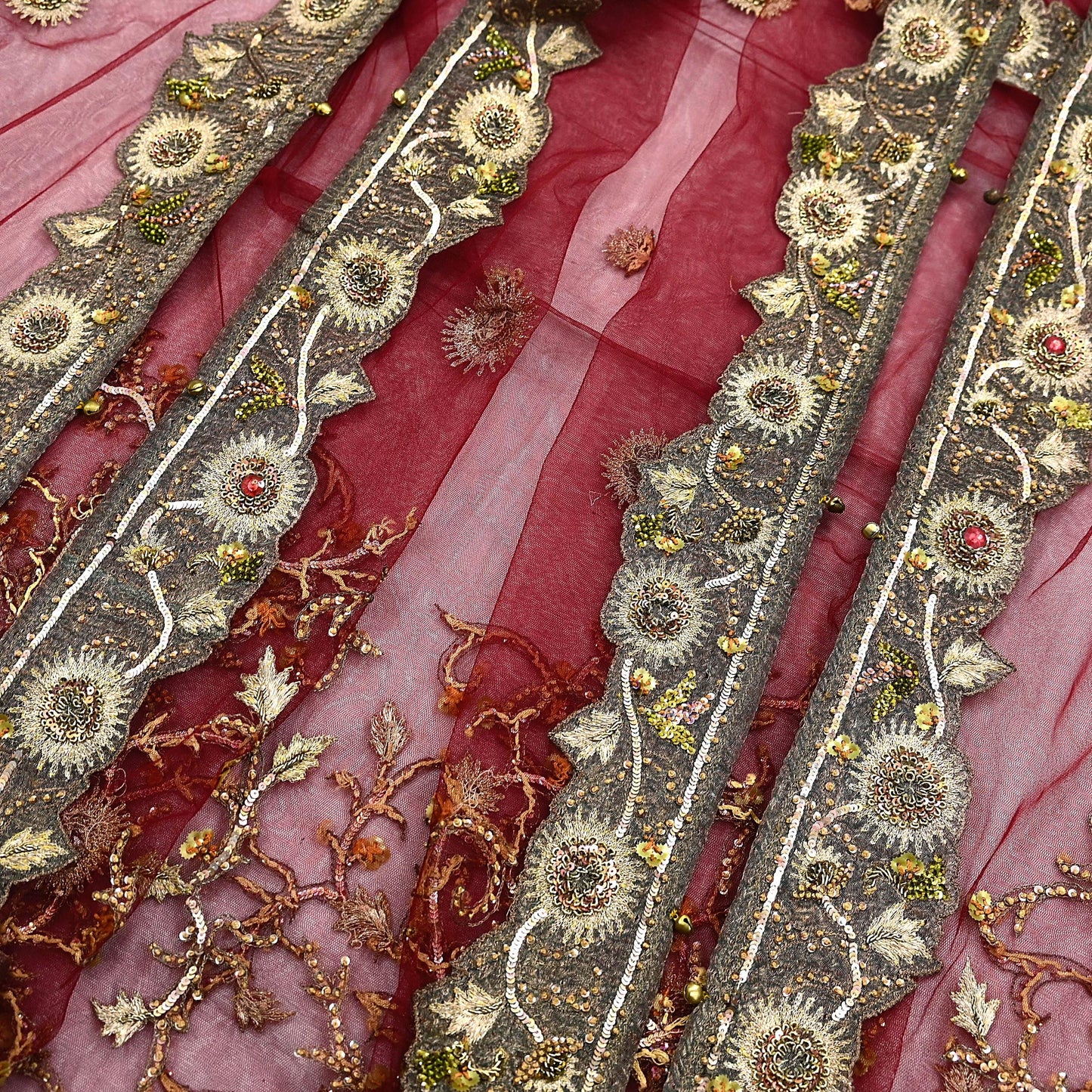 Vintage Bridal Heavy Maroon Net Dupatta Hand Embroidered Zardozi, Dabka, Zari, Sequins Work Wedding Veil Stole