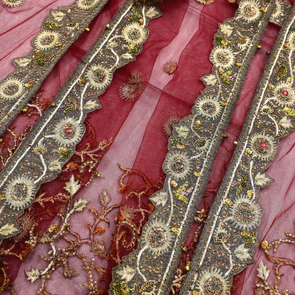 Vintage Bridal Heavy Maroon Net Dupatta Hand Embroidered Zardozi, Dabka, Zari, Sequins Work Wedding Veil Stole