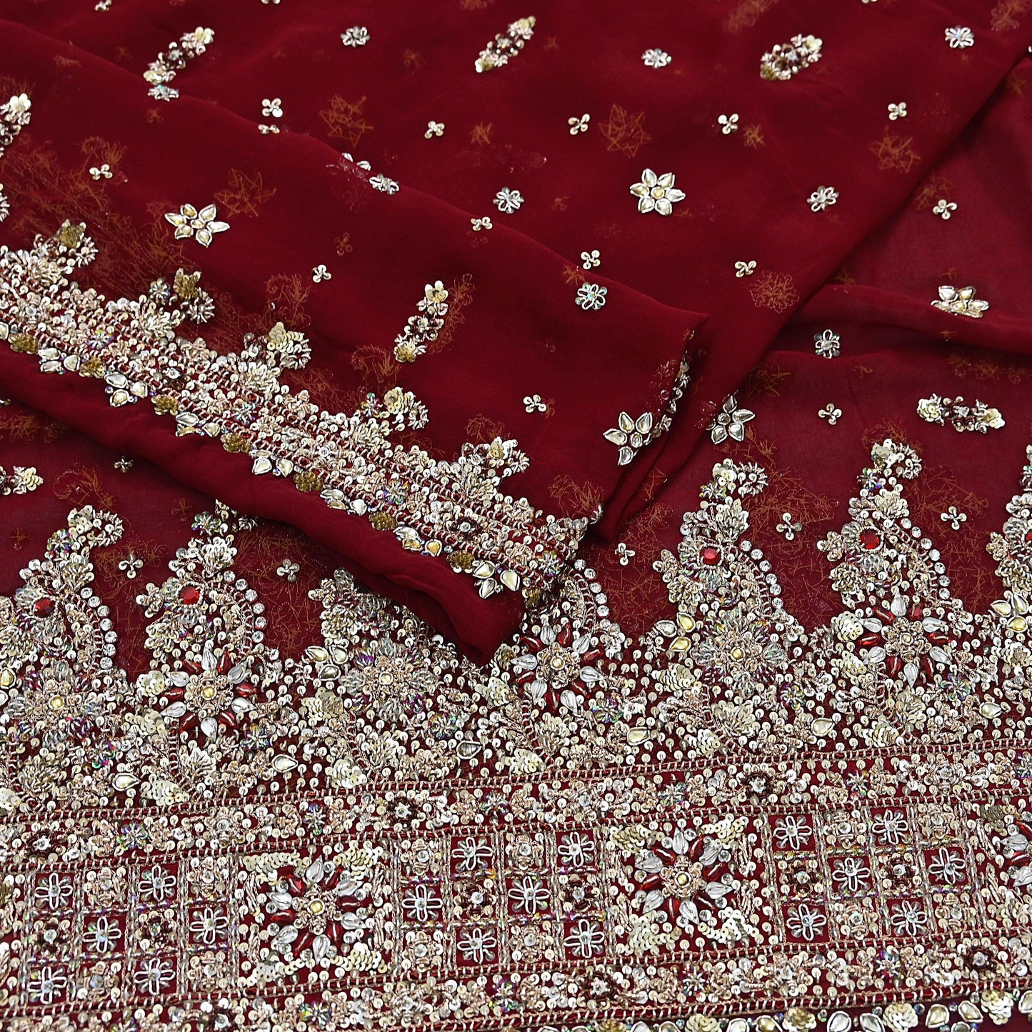 Indian Vintage Heavy Bridal Maroon Dupatta Pure Georgette Silk Long Stole Hand Embroidered Scarf Zardozi/Dabka Wedding red Hijab veil Boho