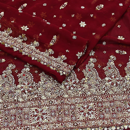 Indian Vintage Heavy Bridal Maroon Dupatta Pure Georgette Silk Long Stole Hand Embroidered Scarf Zardozi/Dabka Wedding red Hijab veil Boho