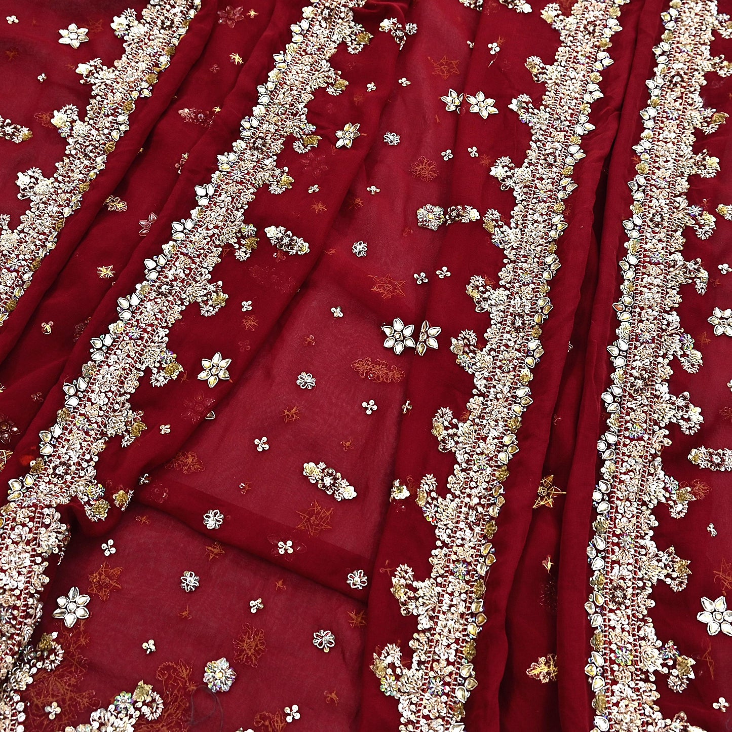 Indian Vintage Heavy Bridal Maroon Dupatta Pure Georgette Silk Long Stole Hand Embroidered Scarf Zardozi/Dabka Wedding red Hijab veil Boho