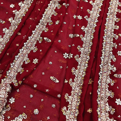 Indian Vintage Heavy Bridal Maroon Dupatta Pure Georgette Silk Long Stole Hand Embroidered Scarf Zardozi/Dabka Wedding red Hijab veil Boho