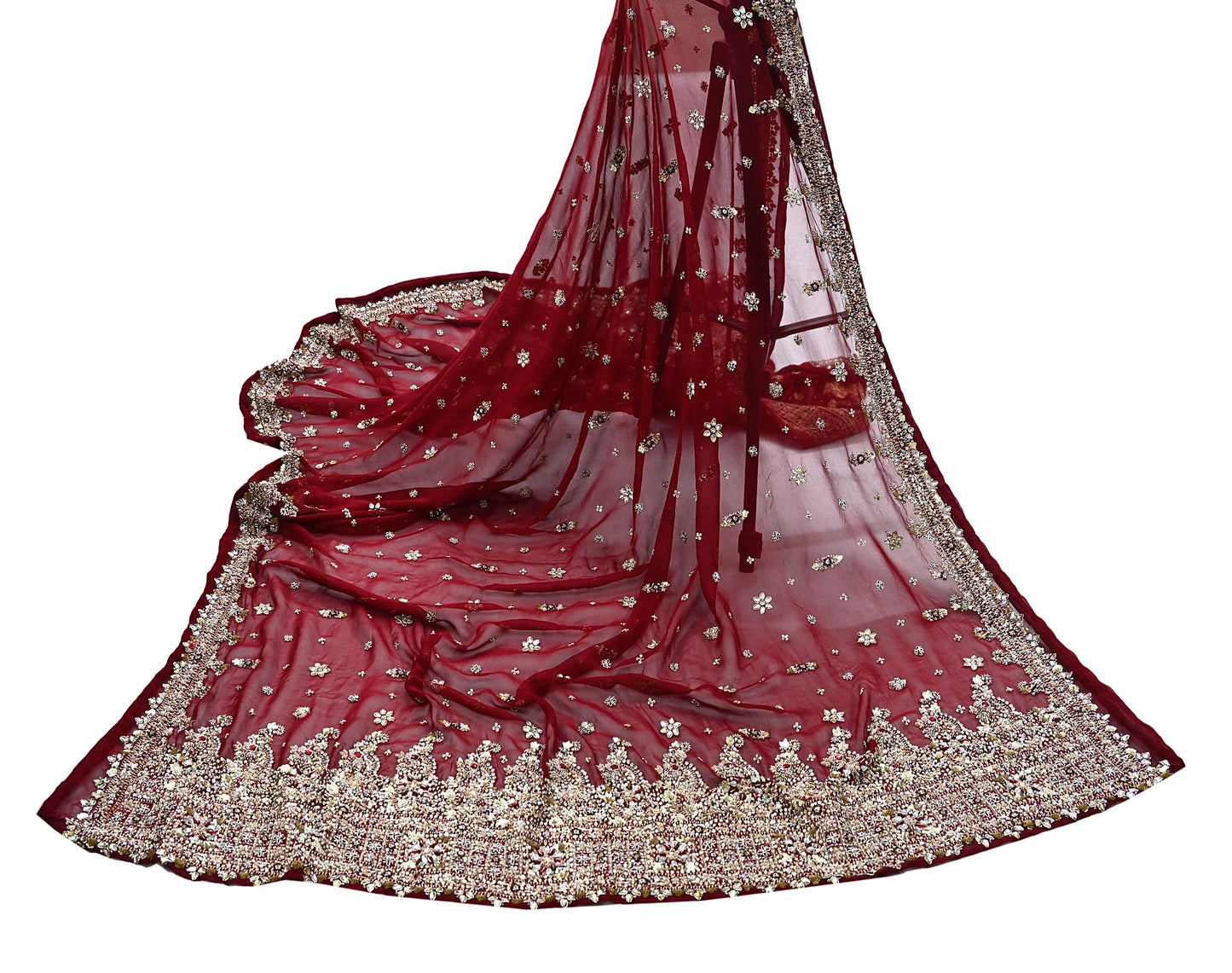Indian Vintage Heavy Bridal Maroon Dupatta Pure Georgette Silk Long Stole Hand Embroidered Scarf Zardozi/Dabka Wedding red Hijab veil Boho