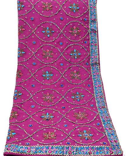 Indian Vintage Heavy Magenta Bridal Dupatta Pure Georgette Silk Hand Embroidered Zardozi, Dabka, Zari Work Party Wear Long Stole