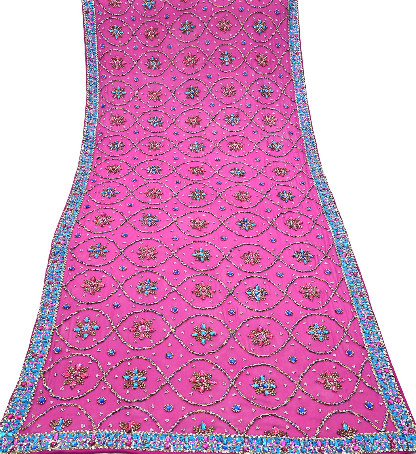 Indian Vintage Heavy Magenta Bridal Dupatta Pure Georgette Silk Hand Embroidered Zardozi, Dabka, Zari Work Party Wear Long Stole
