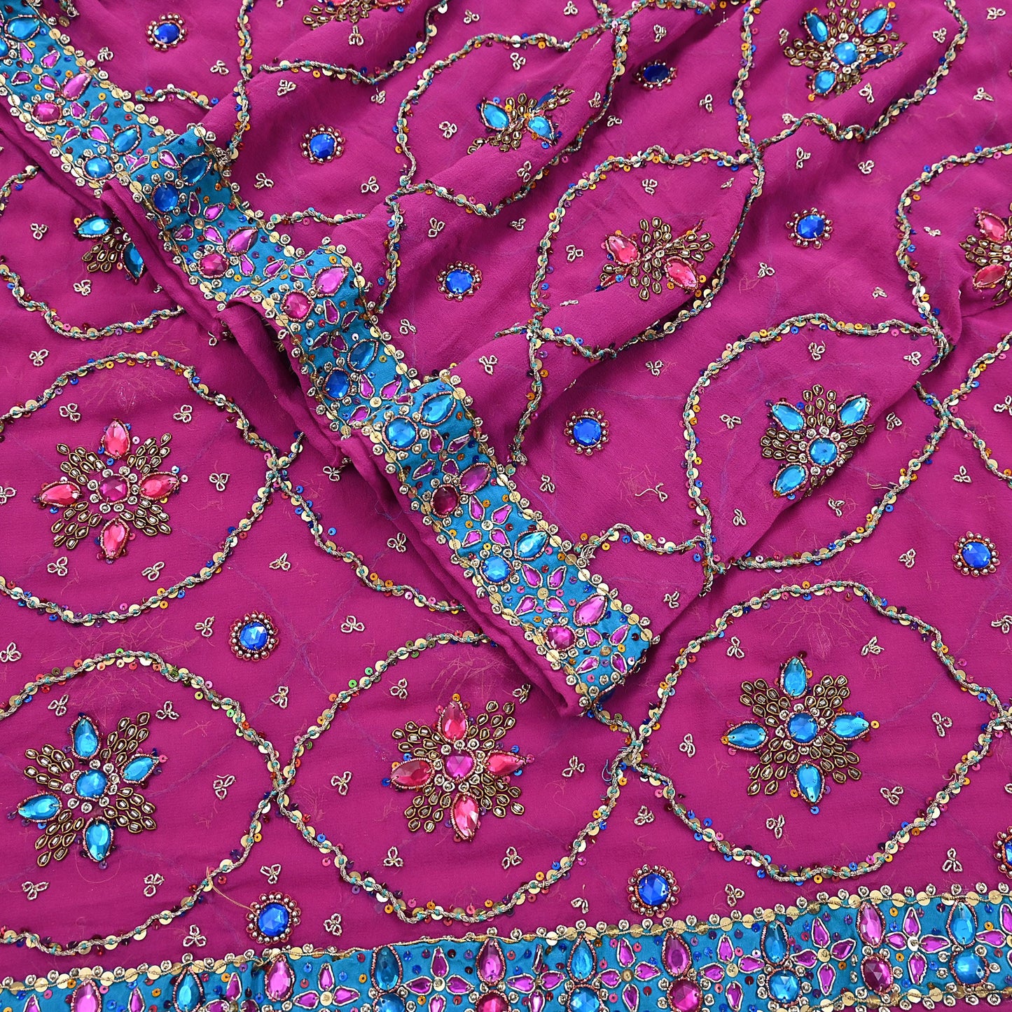 Indian Vintage Heavy Magenta Bridal Dupatta Pure Georgette Silk Hand Embroidered Zardozi, Dabka, Zari Work Party Wear Long Stole