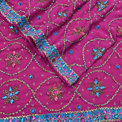 Indian Vintage Heavy Magenta Bridal Dupatta Pure Georgette Silk Hand Embroidered Zardozi, Dabka, Zari Work Party Wear Long Stole