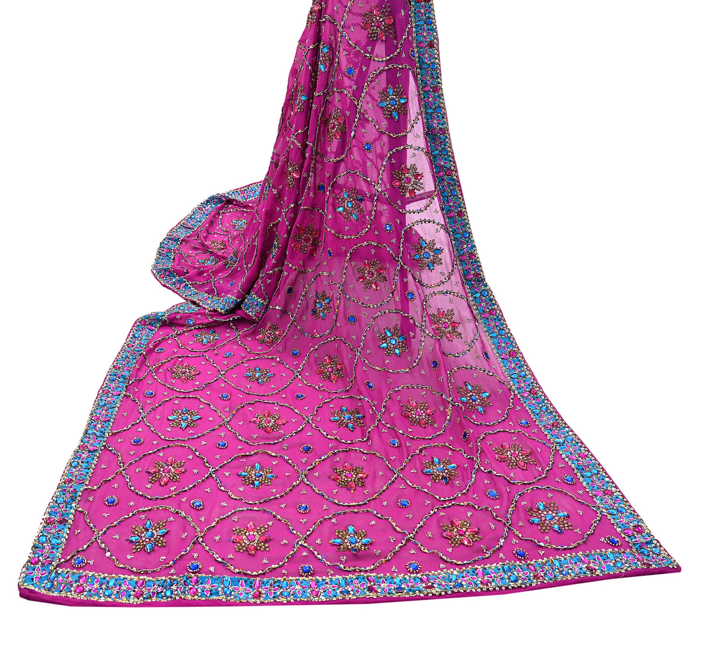Indian Vintage Heavy Magenta Bridal Dupatta Pure Georgette Silk Hand Embroidered Zardozi, Dabka, Zari Work Party Wear Long Stole