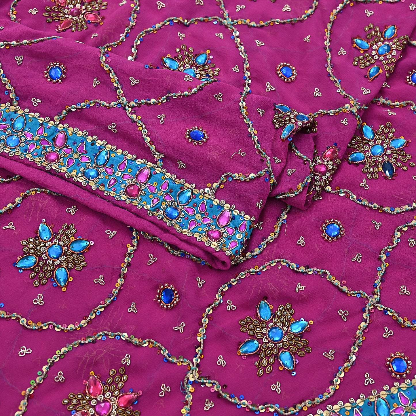 Indian Vintage Heavy Magenta Bridal Dupatta Pure Georgette Silk Hand Embroidered Zardozi, Dabka, Zari Work Party Wear Long Stole