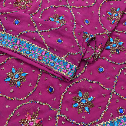 Indian Vintage Heavy Magenta Bridal Dupatta Pure Georgette Silk Hand Embroidered Zardozi, Dabka, Zari Work Party Wear Long Stole