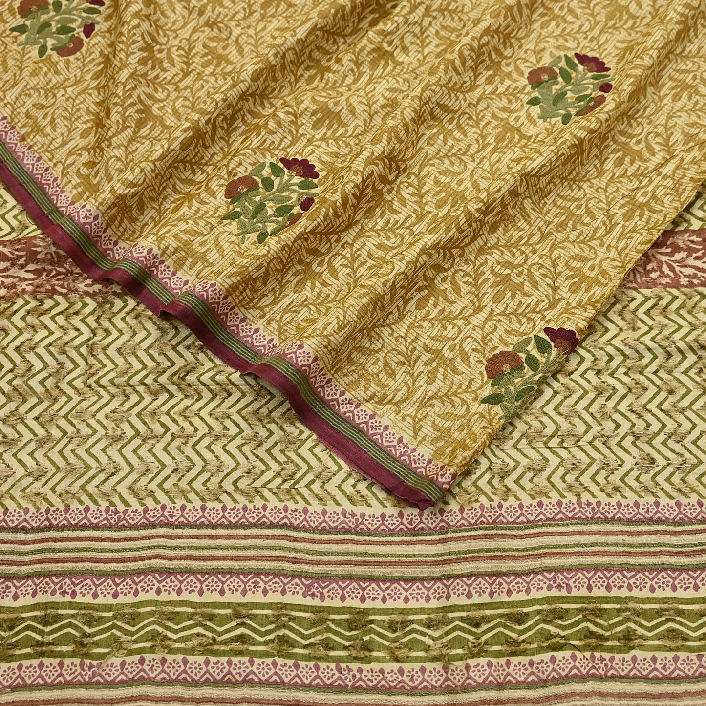 Vintage Ivory & Green Pure Khadi Silk Saree 5Yd Handloom Indian Sari Soft Fabric Sustainable Craft Textile Boho Dressmaking Material