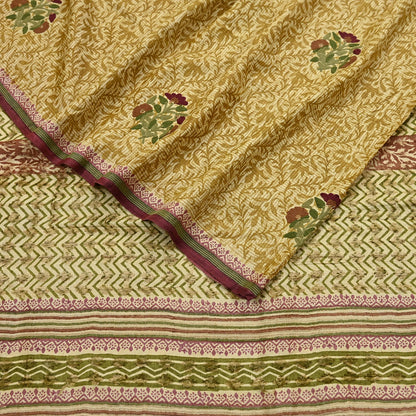 Vintage Ivory & Green Pure Khadi Silk Saree 5Yd Handloom Indian Sari Soft Fabric Sustainable Craft Textile Boho Dressmaking Material