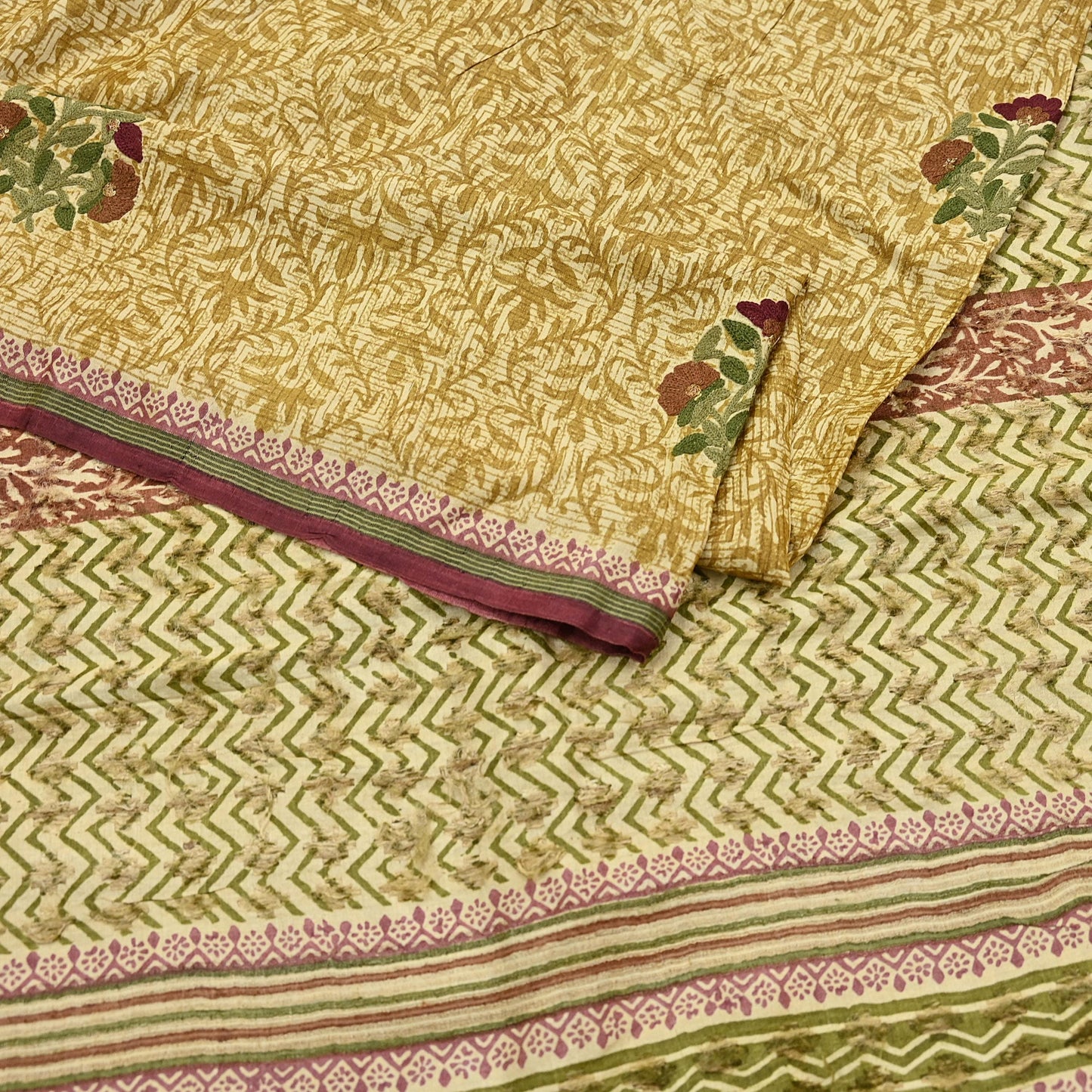 Vintage Ivory & Green Pure Khadi Silk Saree 5Yd Handloom Indian Sari Soft Fabric Sustainable Craft Textile Boho Dressmaking Material