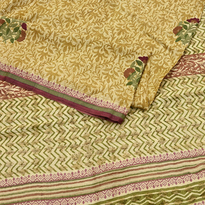Vintage Ivory & Green Pure Khadi Silk Saree 5Yd Handloom Indian Sari Soft Fabric Sustainable Craft Textile Boho Dressmaking Material