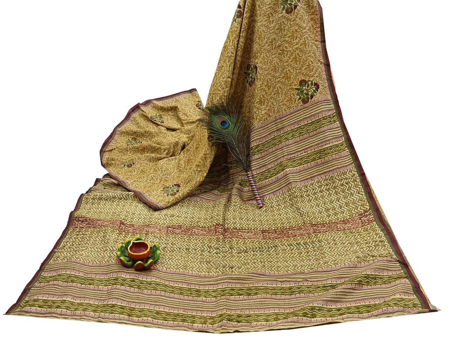 Vintage Ivory & Green Pure Khadi Silk Saree 5Yd Handloom Indian Sari Soft Fabric Sustainable Craft Textile Boho Dressmaking Material