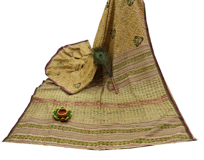 Vintage Ivory & Green Pure Khadi Silk Saree 5Yd Handloom Indian Sari Soft Fabric Sustainable Craft Textile Boho Dressmaking Material