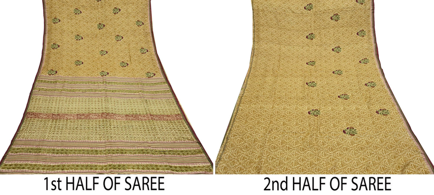 Vintage Ivory & Green Pure Khadi Silk Saree 5Yd Handloom Indian Sari Soft Fabric Sustainable Craft Textile Boho Dressmaking Material