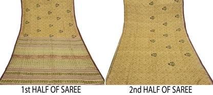 Vintage Ivory & Green Pure Khadi Silk Saree 5Yd Handloom Indian Sari Soft Fabric Sustainable Craft Textile Boho Dressmaking Material