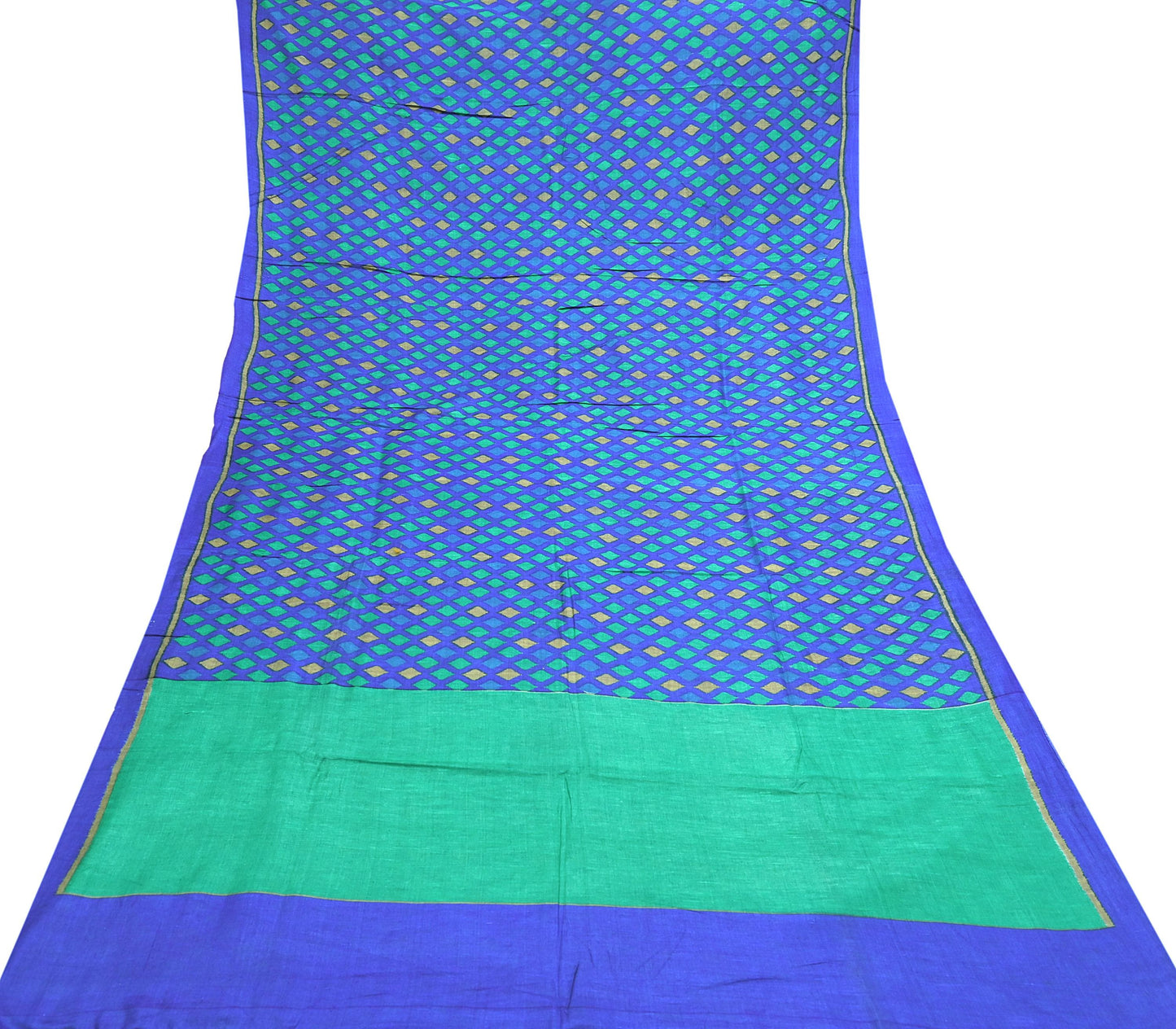 Vintage Blue & Green Khadi Silk Saree Handloom Pure Silk Printed Fabric 5Yd Indian Ethnic Craft Material Dressmaking Textile