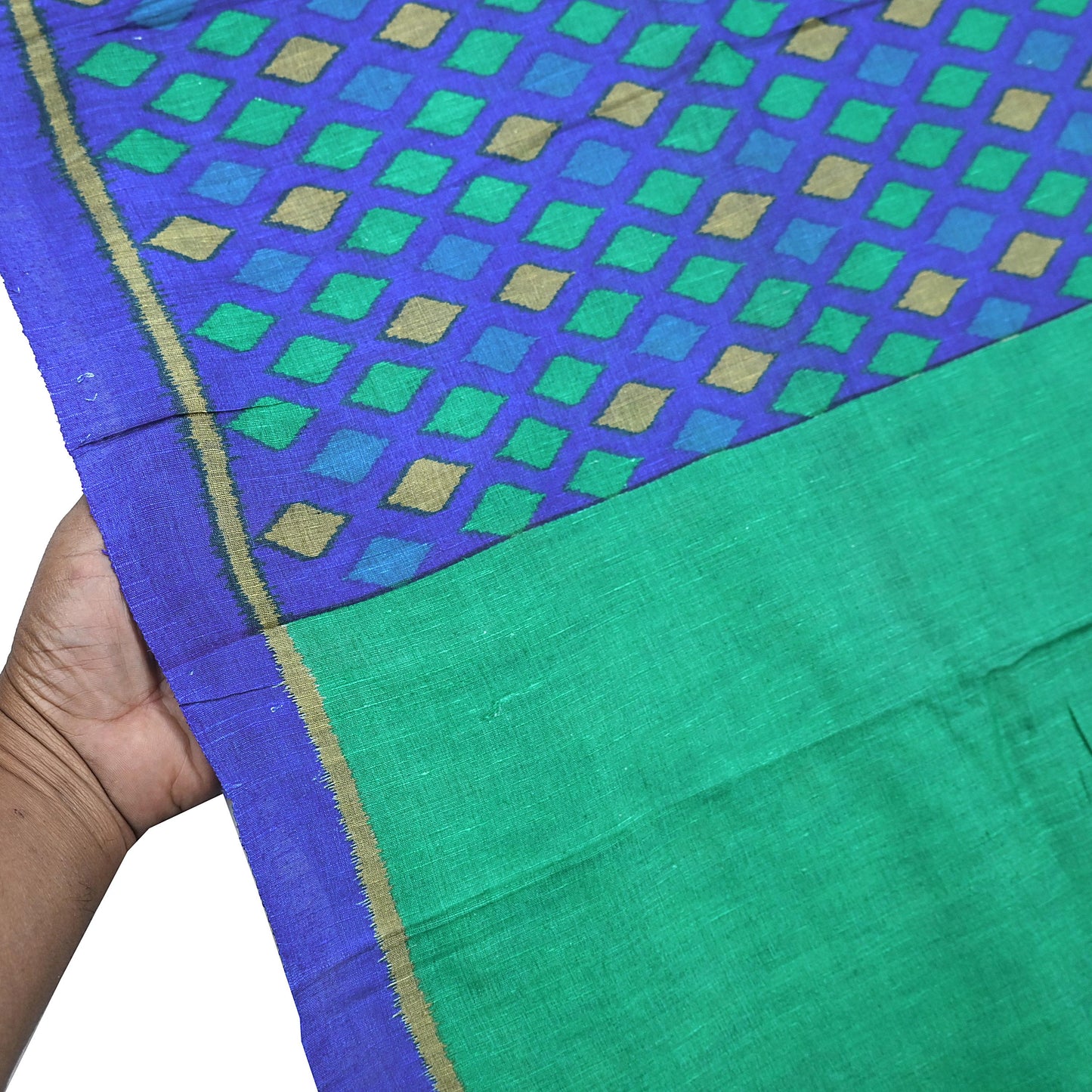 Vintage Blue & Green Khadi Silk Saree Handloom Pure Silk Printed Fabric 5Yd Indian Ethnic Craft Material Dressmaking Textile