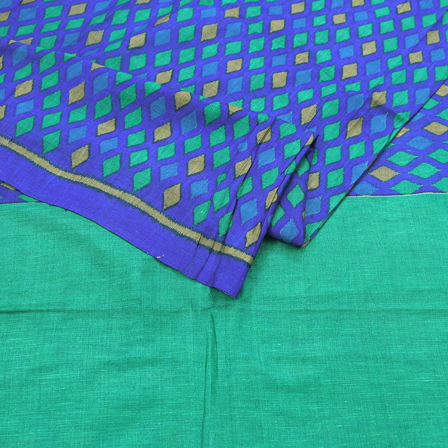 Vintage Blue & Green Khadi Silk Saree Handloom Pure Silk Printed Fabric 5Yd Indian Ethnic Craft Material Dressmaking Textile