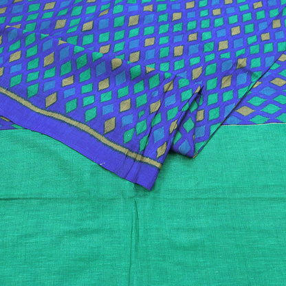 Vintage Blue & Green Khadi Silk Saree Handloom Pure Silk Printed Fabric 5Yd Indian Ethnic Craft Material Dressmaking Textile