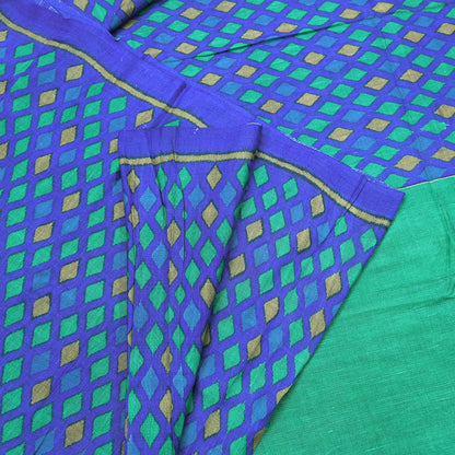 Vintage Blue & Green Khadi Silk Saree Handloom Pure Silk Printed Fabric 5Yd Indian Ethnic Craft Material Dressmaking Textile