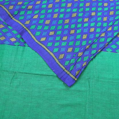 Vintage Blue & Green Khadi Silk Saree Handloom Pure Silk Printed Fabric 5Yd Indian Ethnic Craft Material Dressmaking Textile