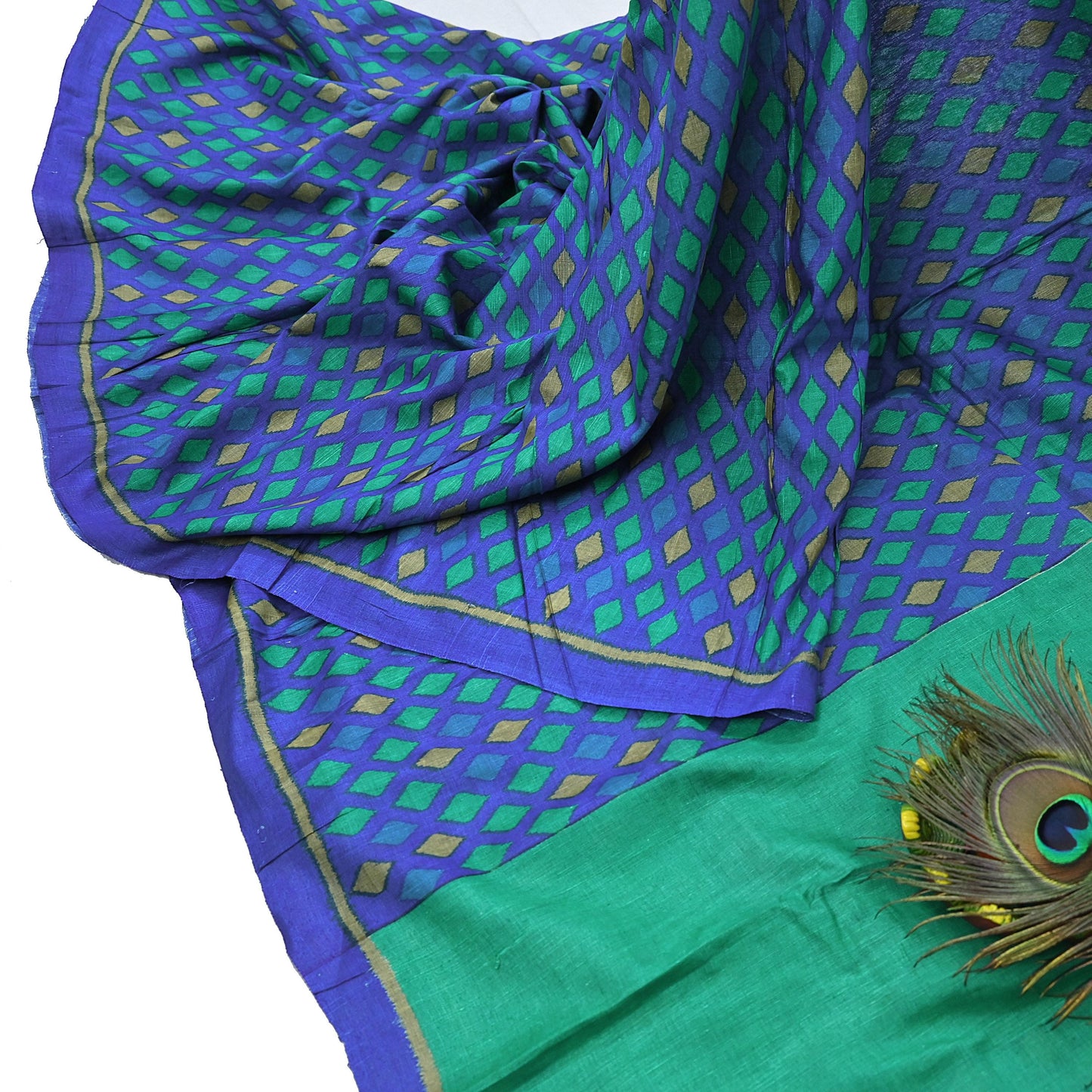 Vintage Blue & Green Khadi Silk Saree Handloom Pure Silk Printed Fabric 5Yd Indian Ethnic Craft Material Dressmaking Textile
