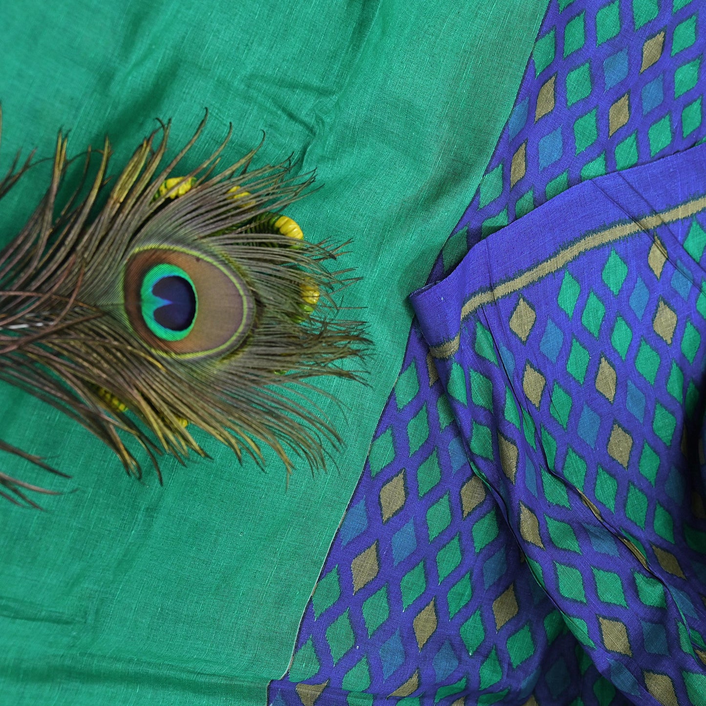 Vintage Blue & Green Khadi Silk Saree Handloom Pure Silk Printed Fabric 5Yd Indian Ethnic Craft Material Dressmaking Textile