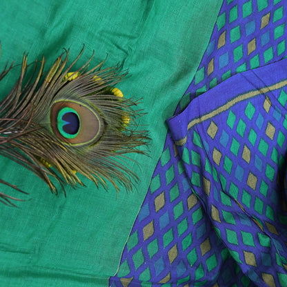 Vintage Blue & Green Khadi Silk Saree Handloom Pure Silk Printed Fabric 5Yd Indian Ethnic Craft Material Dressmaking Textile