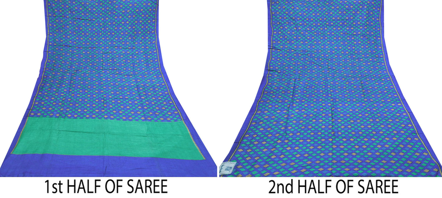 Vintage Blue & Green Khadi Silk Saree Handloom Pure Silk Printed Fabric 5Yd Indian Ethnic Craft Material Dressmaking Textile