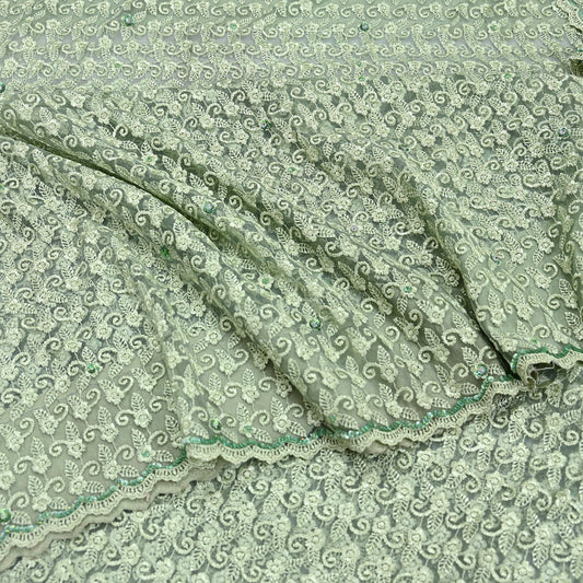 Indian Vintage Heavy Sari Green Net/Mesh Embroidered Sarees 5Yd Sewing Soft Floral Craft Fabric Dress making Crafting Bollywood sari