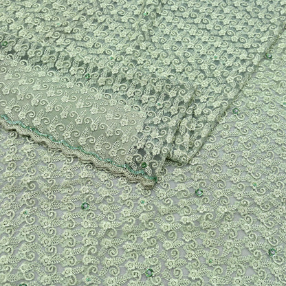 Indian Vintage Heavy Sari Green Net/Mesh Embroidered Sarees 5Yd Sewing Soft Floral Craft Fabric Dress making Crafting Bollywood sari