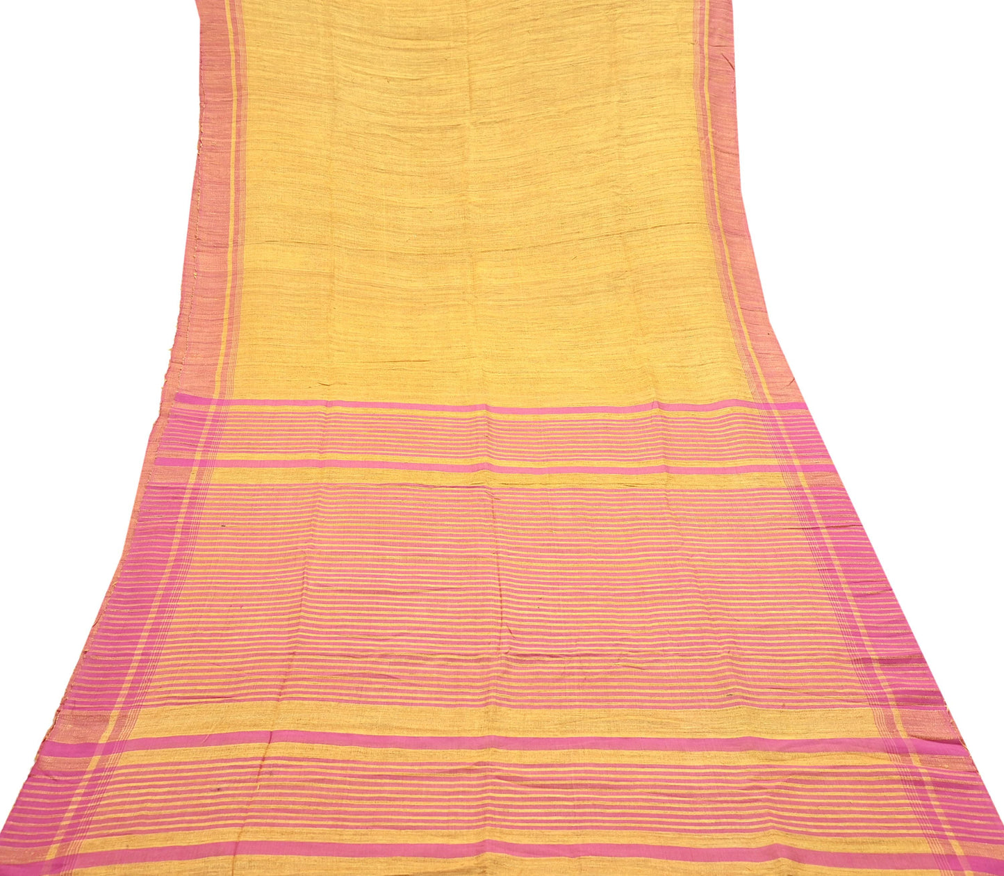 Indian Vintage Heavy Sari Yellow & Pink Pure Khadi Silk Handloom Saree Craft Fabric 5yd Ethnic Wear Dress making For Crafting Quilting