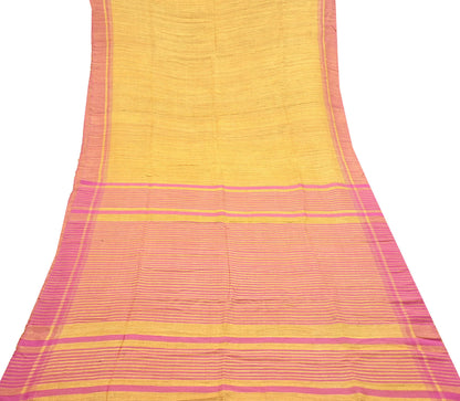 Indian Vintage Heavy Sari Yellow & Pink Pure Khadi Silk Handloom Saree Craft Fabric 5yd Ethnic Wear Dress making For Crafting Quilting