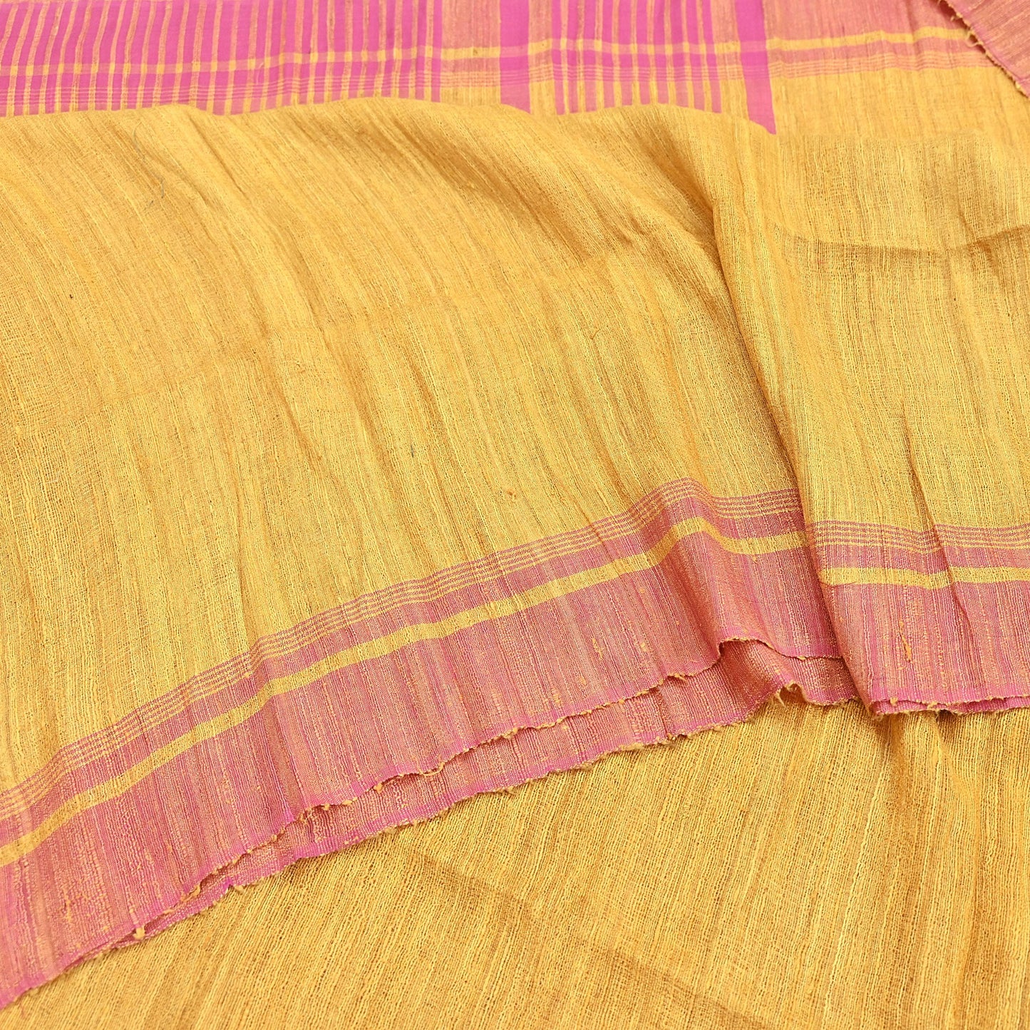 Indian Vintage Heavy Sari Yellow & Pink Pure Khadi Silk Handloom Saree Craft Fabric 5yd Ethnic Wear Dress making For Crafting Quilting
