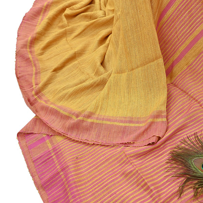 Indian Vintage Heavy Sari Yellow & Pink Pure Khadi Silk Handloom Saree Craft Fabric 5yd Ethnic Wear Dress making For Crafting Quilting
