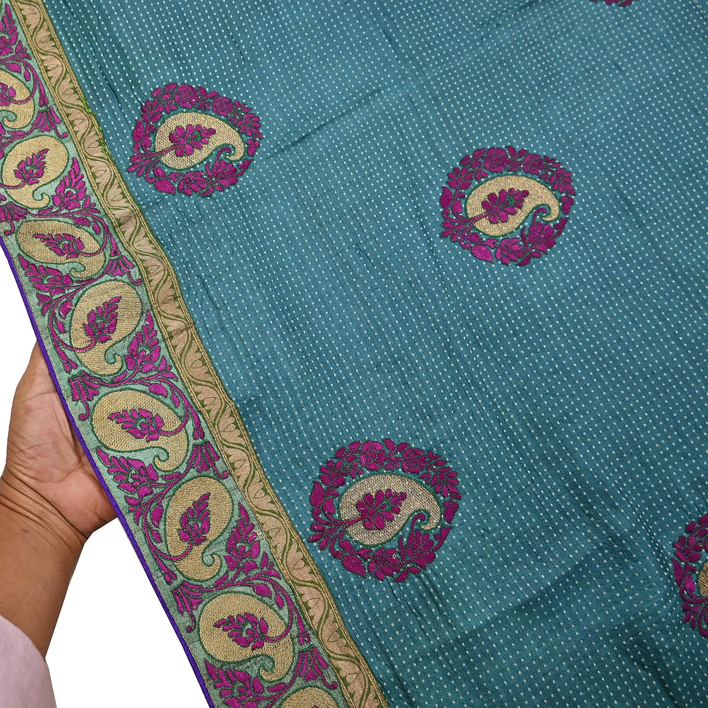 Indian Vintage Blue Saree Pure Khadi Silk Handloom Hand Beaded Sari Craft Fabric 5yd Ethnic Fringes Dress making Crafting Quilting Used